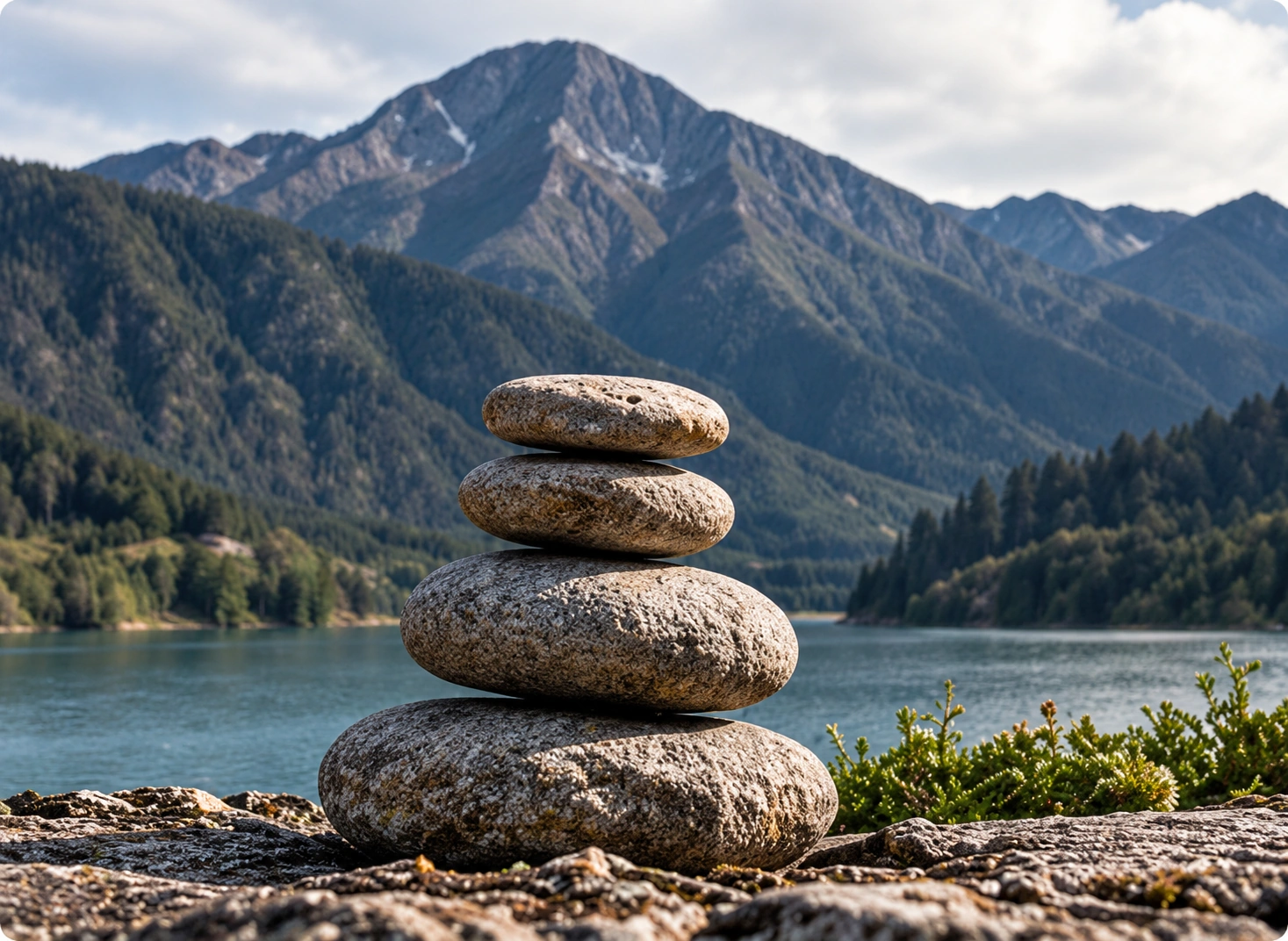 Piedras equilibradas en paisaje monta&ntilde;oso como s&iacute;mbolo de pausa consciente