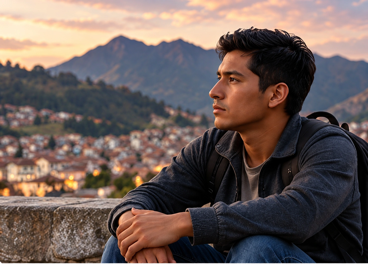 Joven peruano reflexionando en un entorno urbano andino