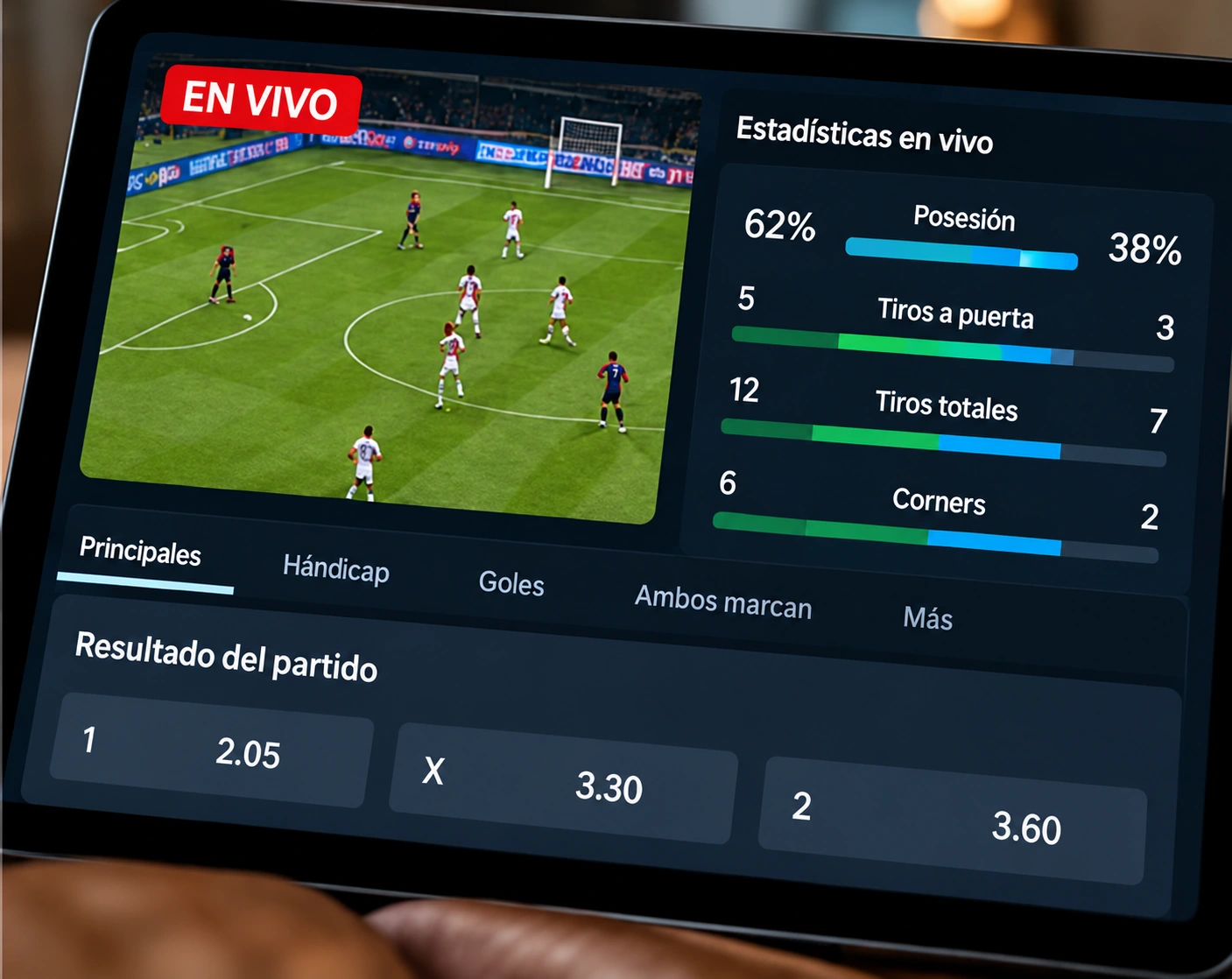 Pantalla de estad&iacute;sticas de f&uacute;tbol en directo y mercados de apuestas