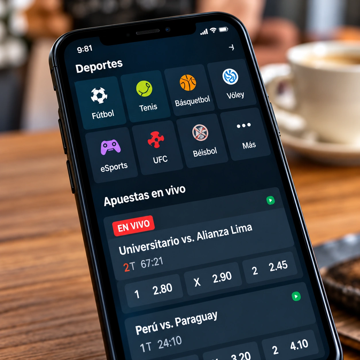 Pantalla m&oacute;vil de mercados y cuotas para partidos de f&uacute;tbol