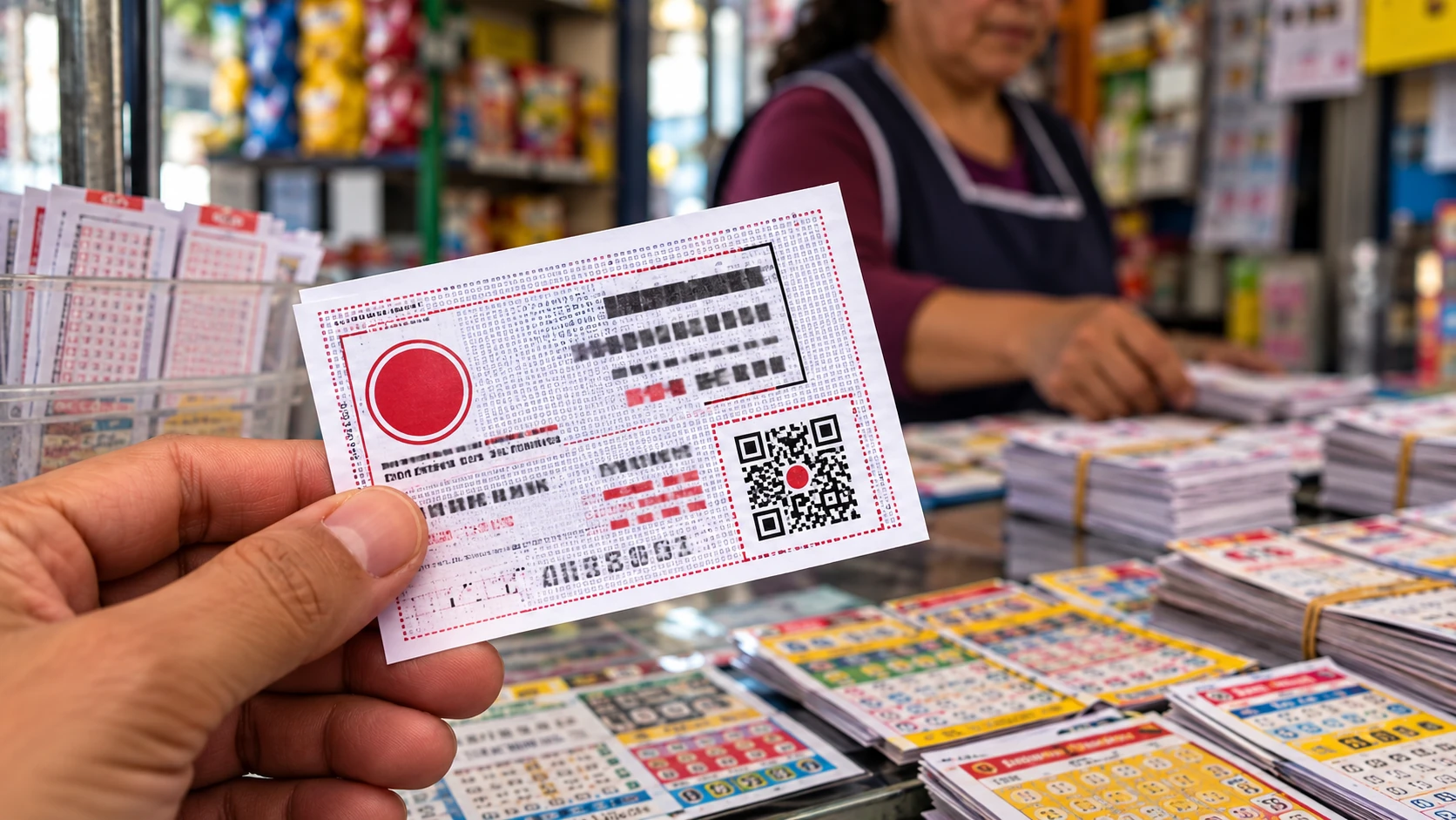 Detalle de boleto de sorteo y material de lotería en un punto de venta