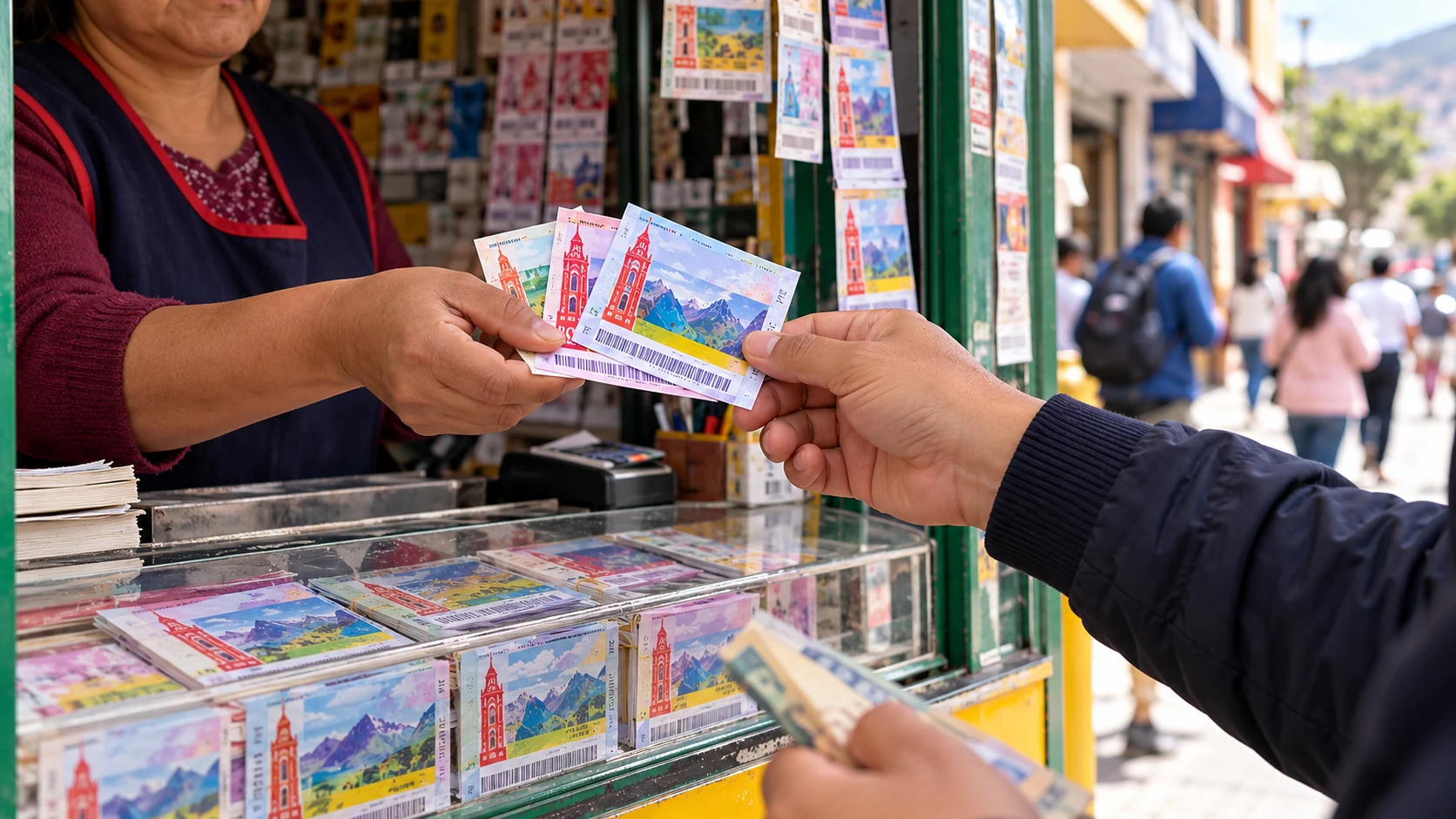 Boletos de lotería ilustrativos en un establecimiento peruano