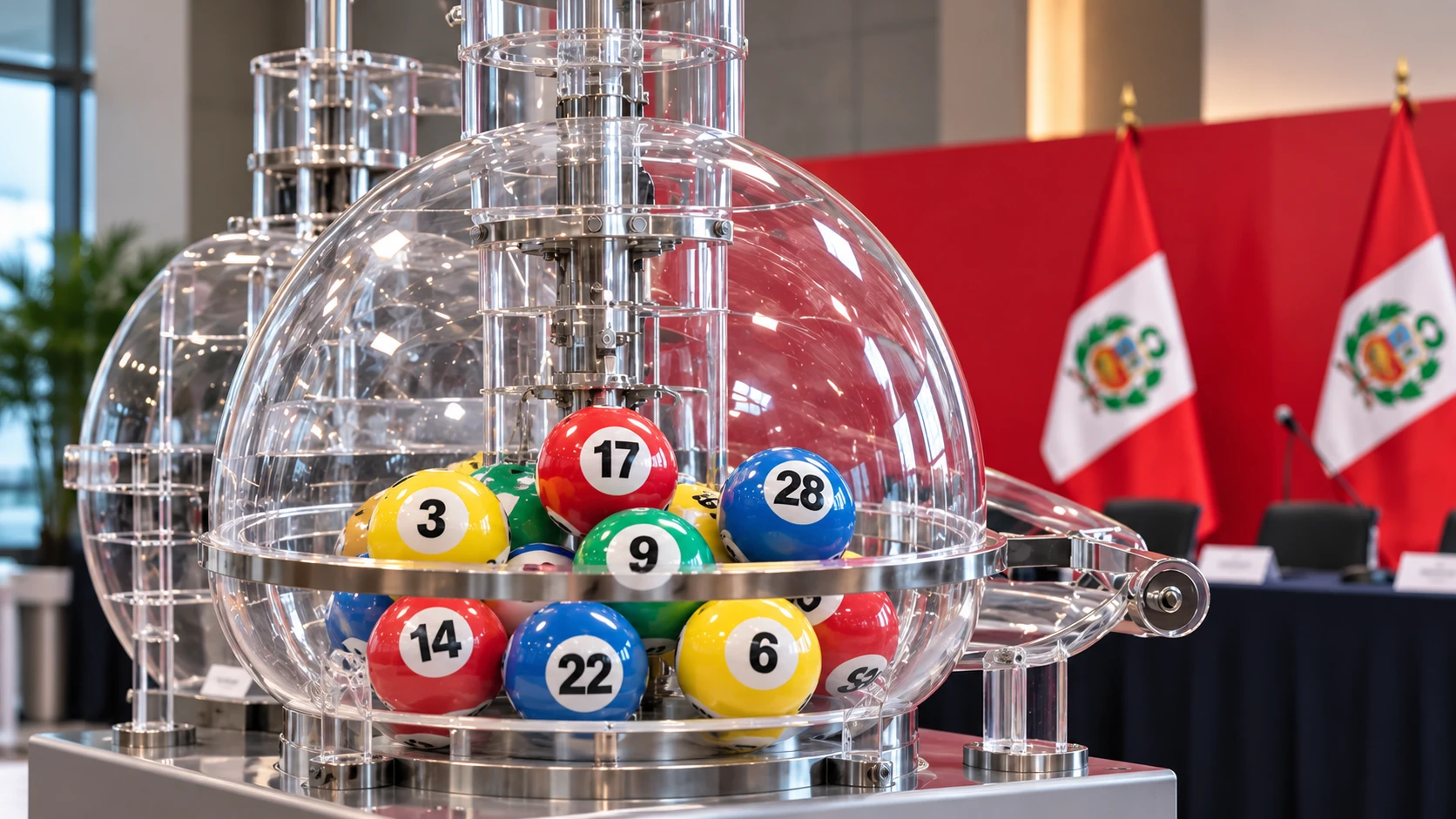 Bolillas numeradas en una m&aacute;quina de sorteo transparente