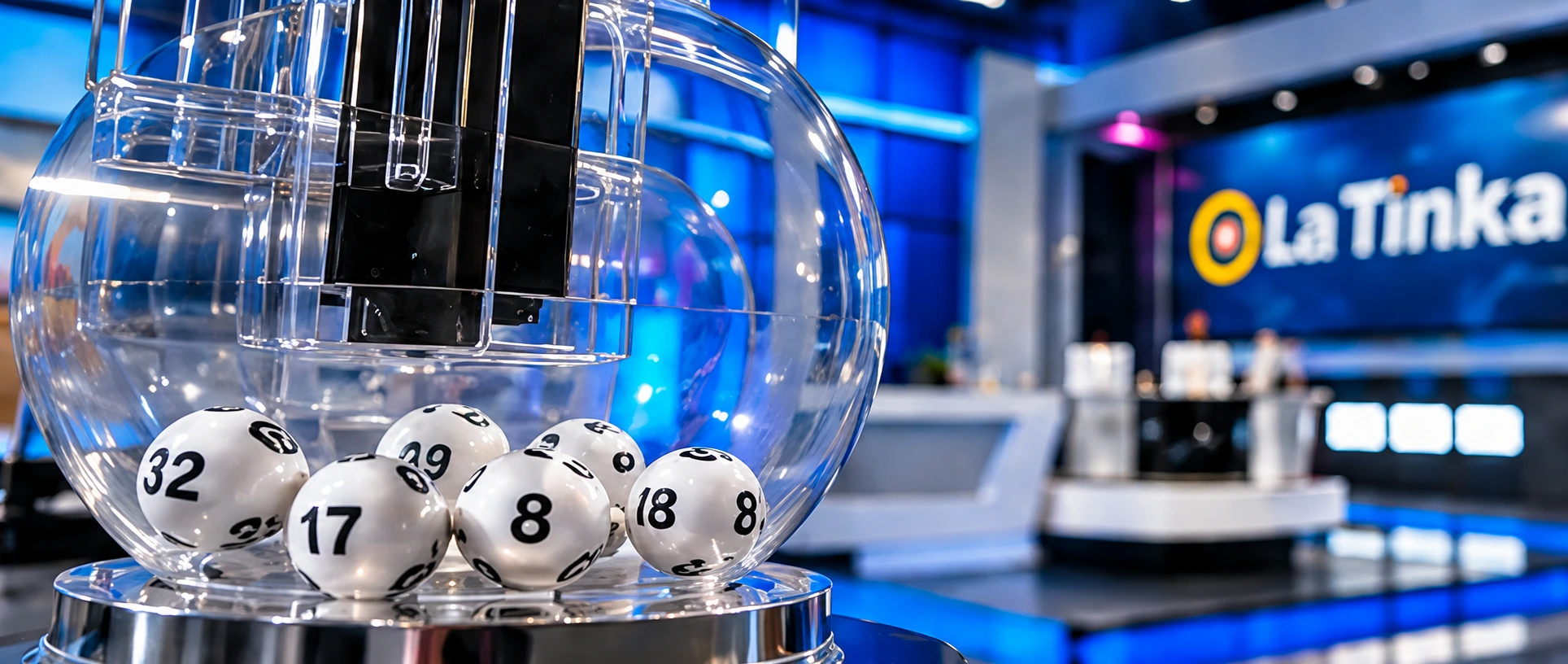 Bolillero de lotería y esferas numeradas durante un sorteo