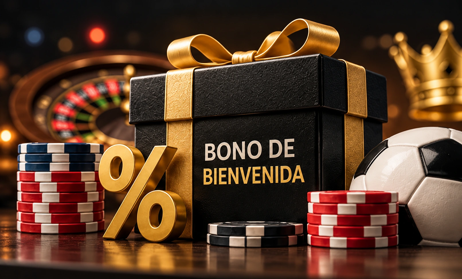Fichas y caja de promoci&oacute;n ilustrando bonos de bienvenida