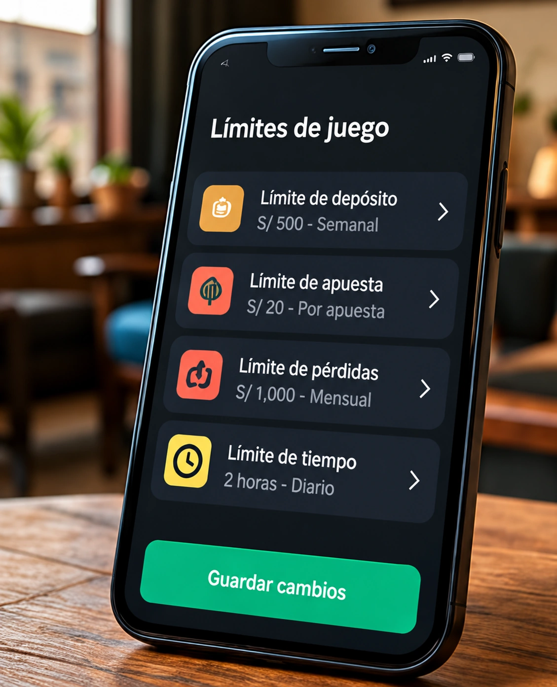 Tel&eacute;fono m&oacute;vil con controles de l&iacute;mites de juego responsable: dep&oacute;sitos, p&eacute;rdidas, apuestas y tiempo