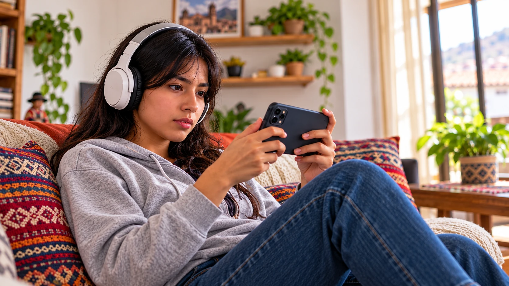 Joven jugando en un tel&eacute;fono m&oacute;vil en un hogar peruano