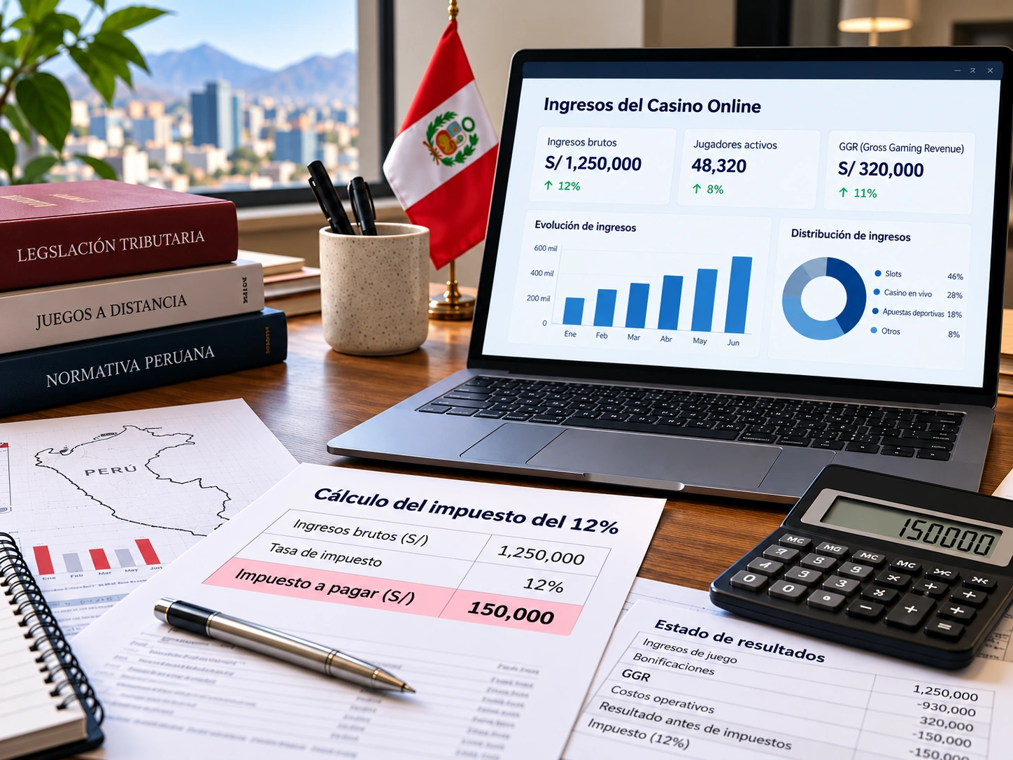 Panel de ingresos de casino online y cálculo del impuesto del 12 % en Perú.