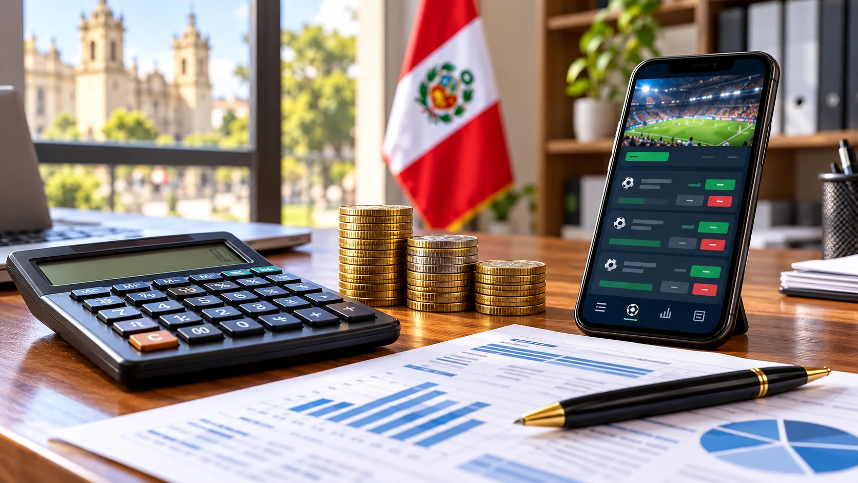 Calculadora, monedas y documentos contables relacionados con la recaudación tributaria