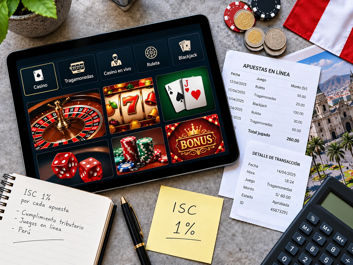 Interfaz de casino online, comprobantes de apuestas y nota sobre ISC del 1 %.