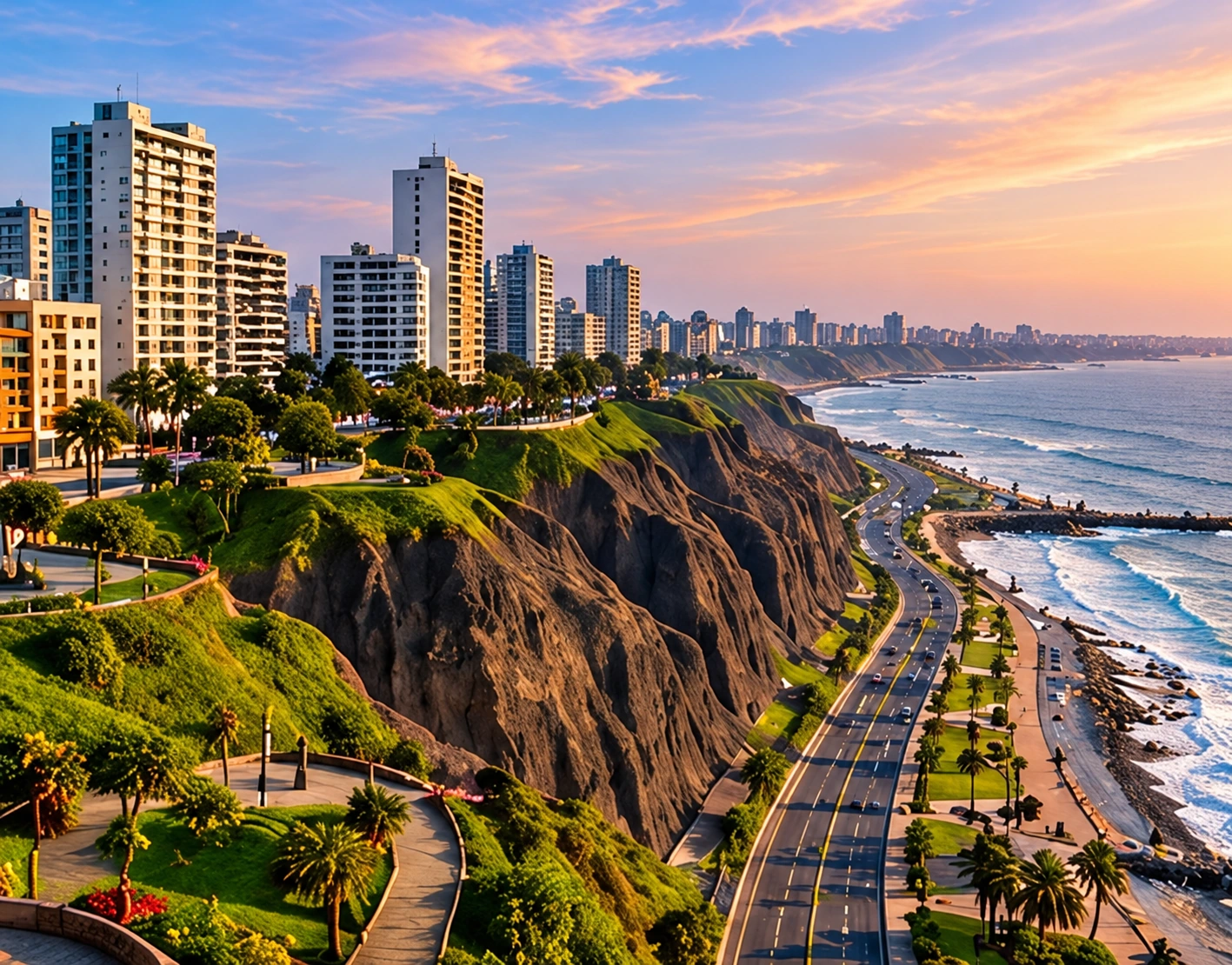 Vista de la Costa Verde y edificios de Lima, Perú