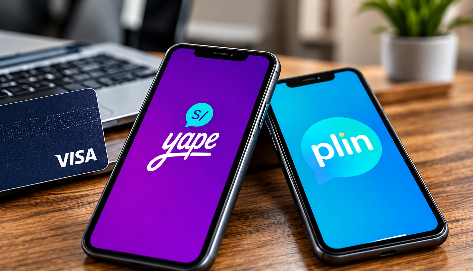 Tel&eacute;fonos con interfaces visuales de pagos Yape y Plin junto a tarjeta bancaria