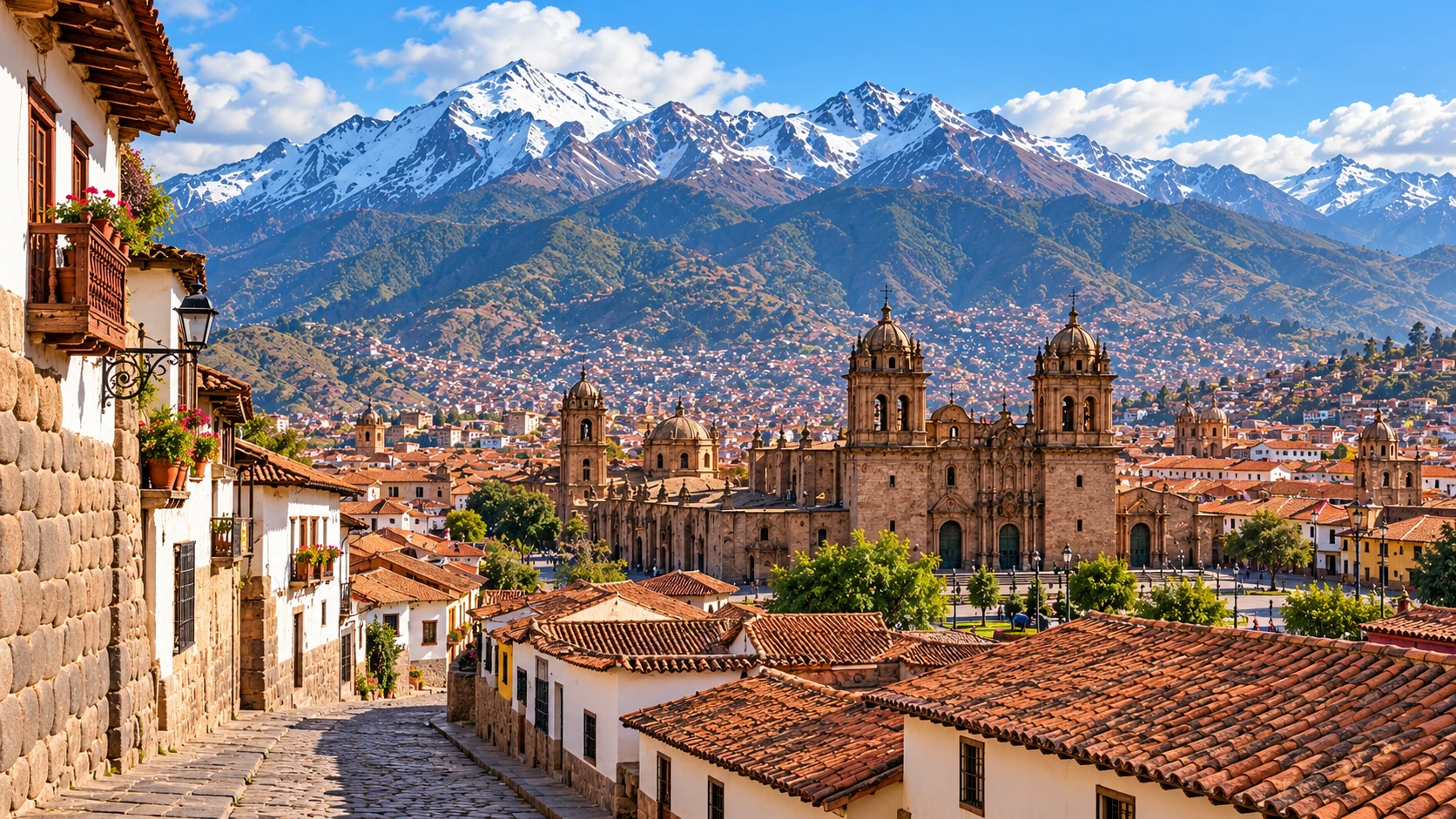Centro hist&oacute;rico de Cusco y cordillera andina en el Per&uacute;