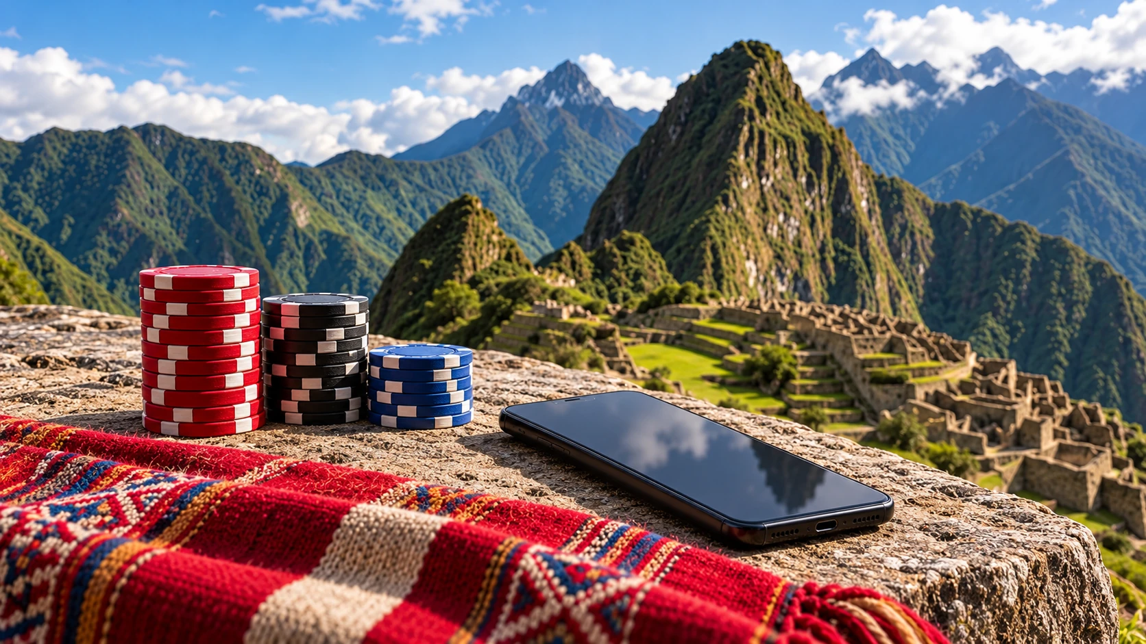 Objetos de casino en paisaje andino peruano