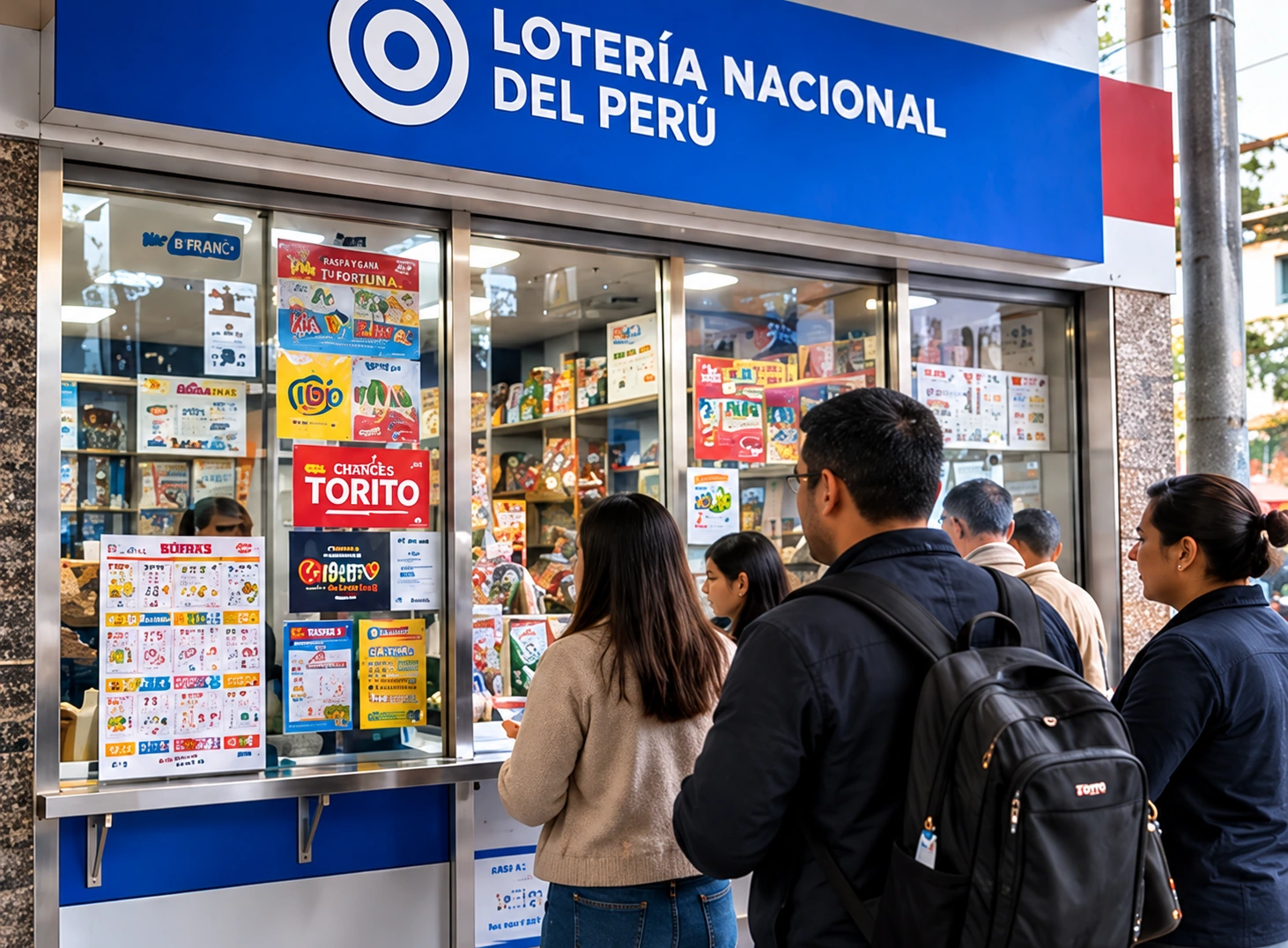 Personas frente a un punto de venta de loter&iacute;a en una calle de Per&uacute;