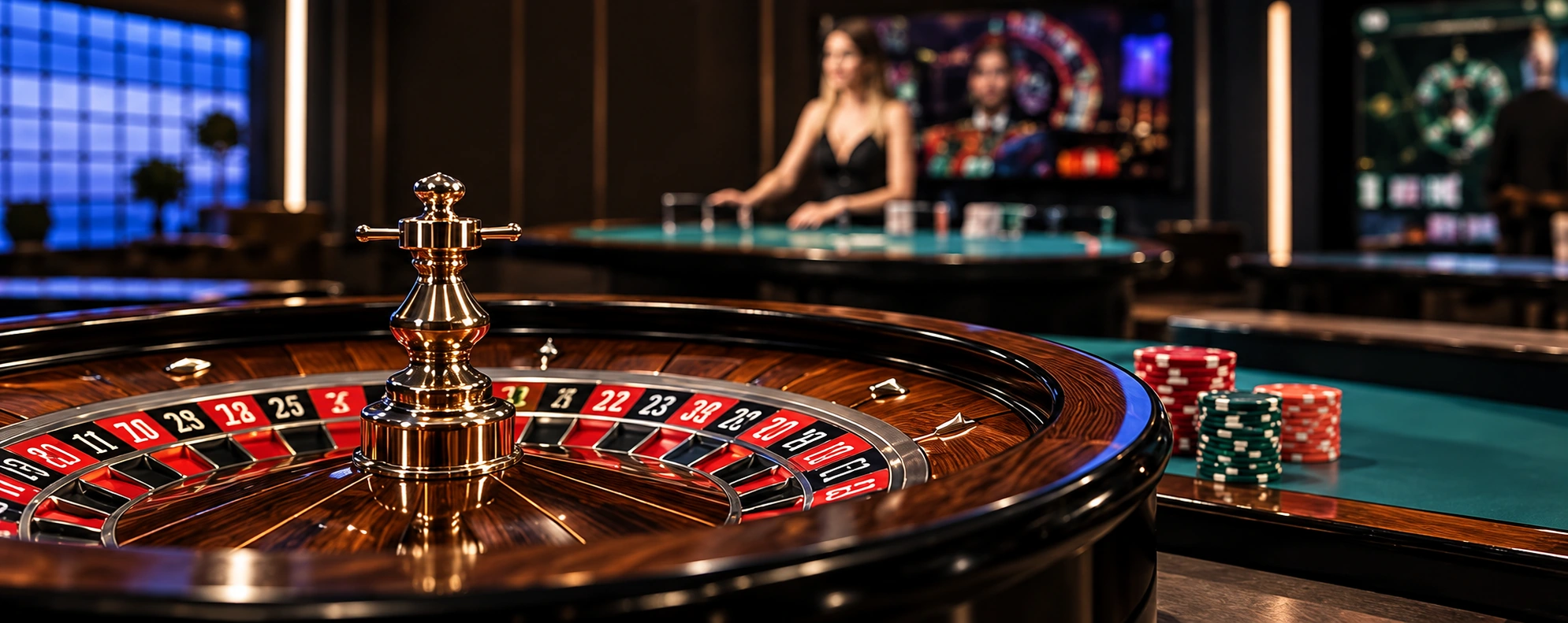 Ruleta en vivo y mesas de casino con crupier.