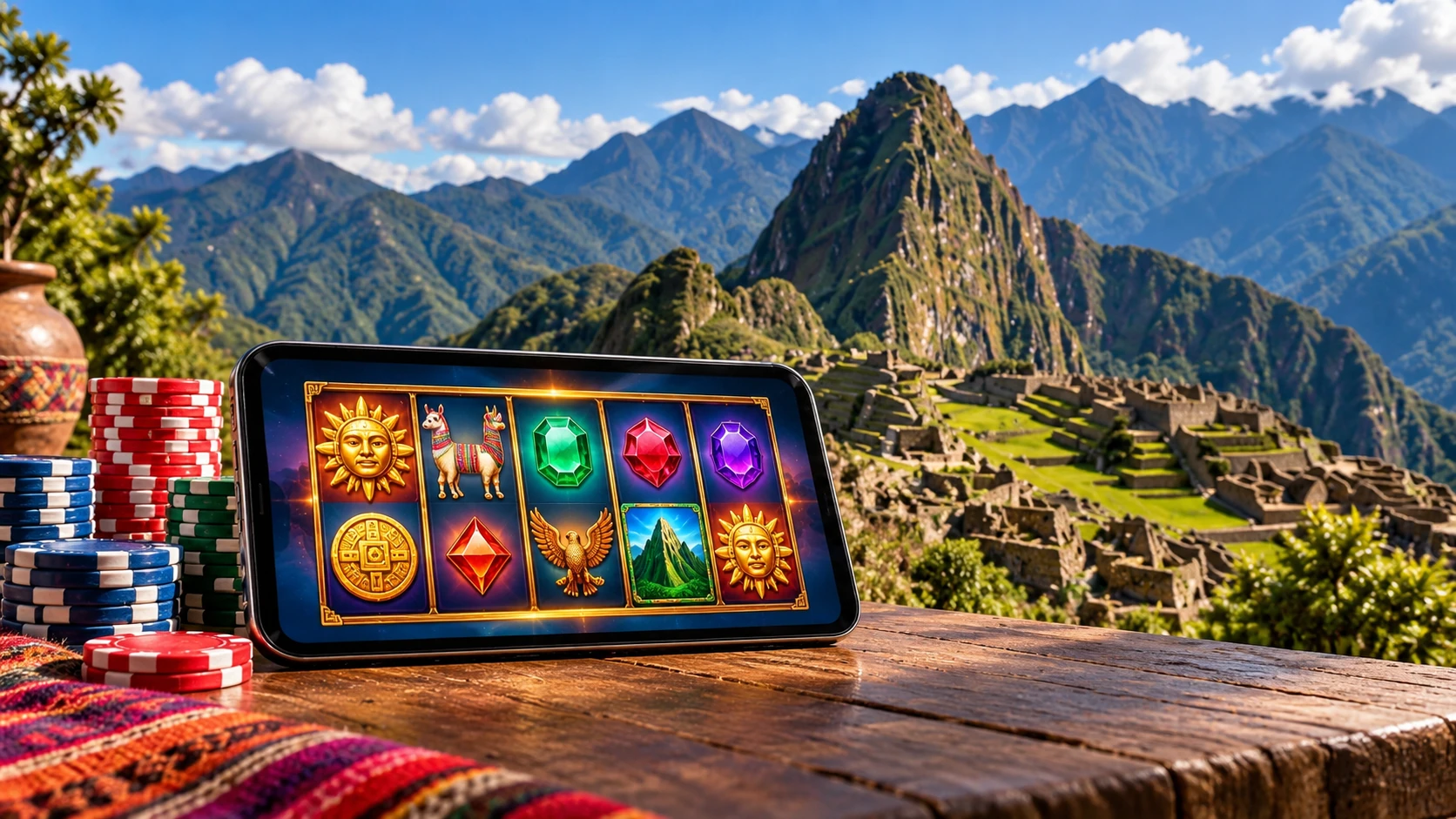 Interfaz ilustrativa de tragamonedas online junto a un paisaje andino peruano