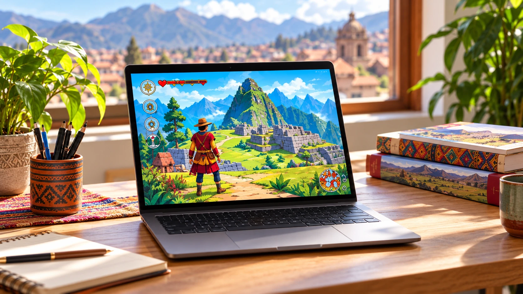 Videojuego inspirado en paisajes andinos, presentado en una computadora port&aacute;til.